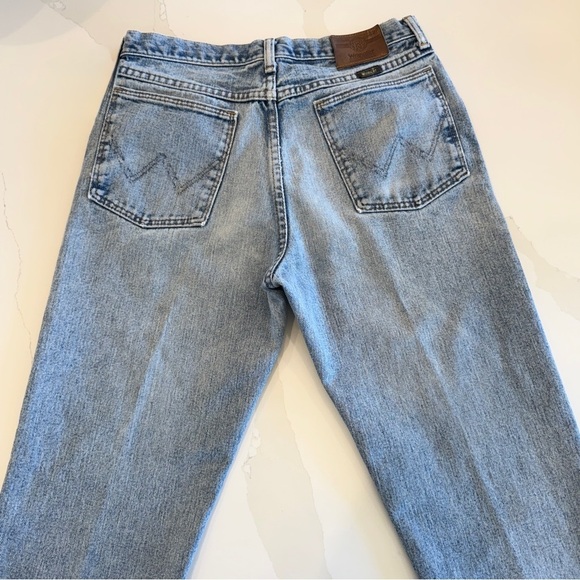 VINTAGE! 90s Y2K Wrangler RW Unisex 32x30 Blue Straight Jeans Distressed Denim - Picture 10 of 12